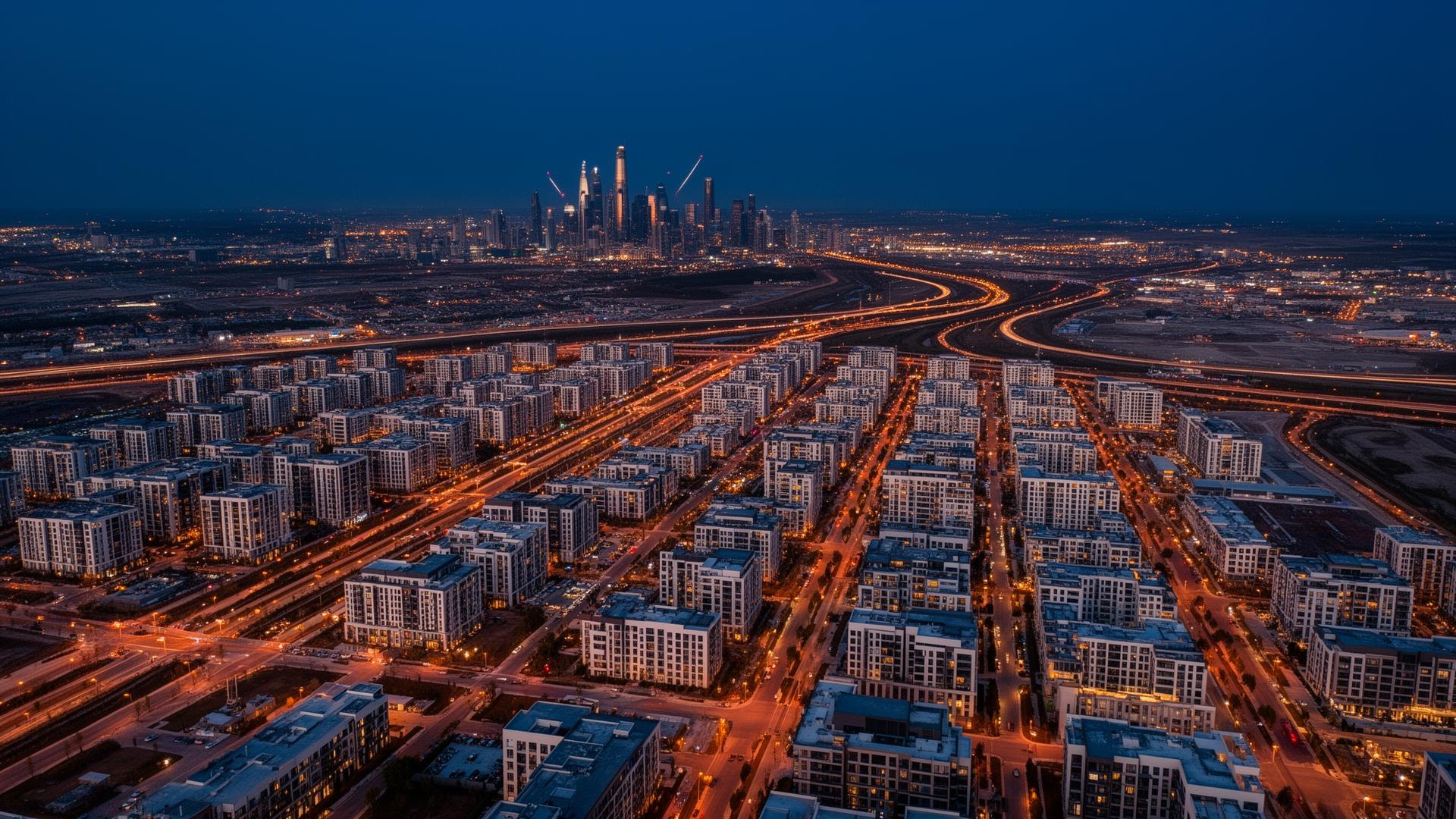 Aerial of a master-planned development at blue hour